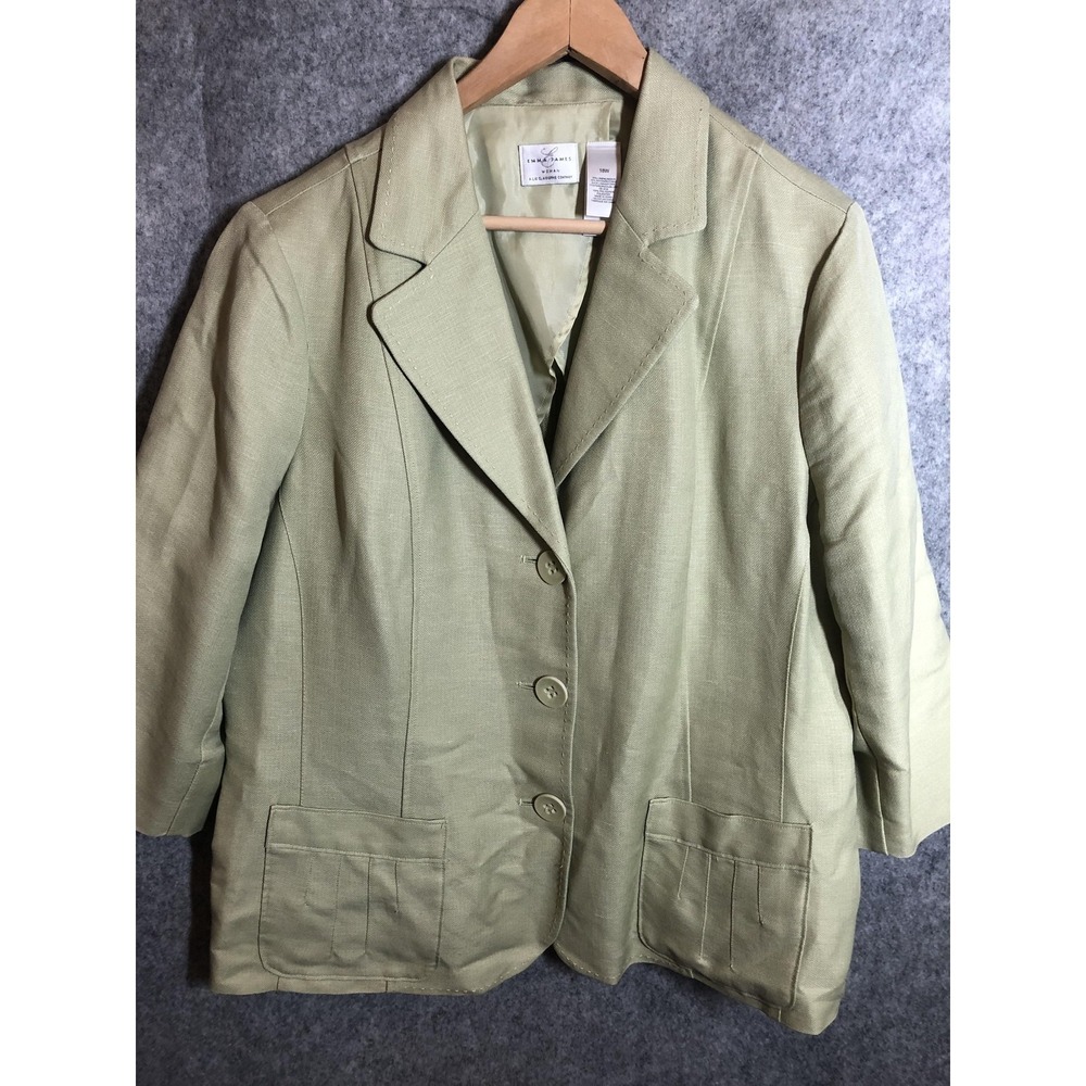 Emma James Blazer Jacket Womens 18W Green Linen Blend Herringbone Lined Career